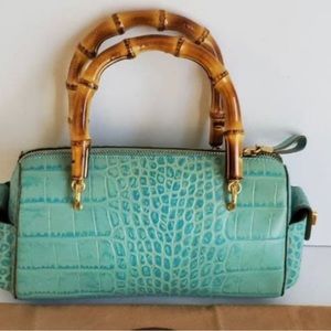 Monsac England Croc Embossed Leather Medium Bag with Bamboo Handles.